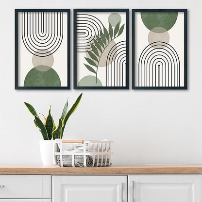 SRSZHIYUE Green Sage Boho Wall Art 16"×11" Set of 3 Abstract Framed Prints Modern Farmhouse Minimalist Geometric Line Leaf Bathroom Sign for Family Living Room Pictures Office Wall Hang Decor (Black)