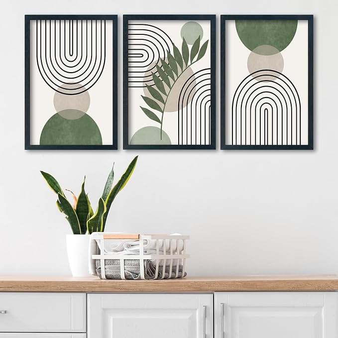 SRSZHIYUE Sage Green Boho Wall Art 24"×16" Set of 3 Geometric Line Leaf Sun Moon Sign for Master Bedroom Office Wall Hanging Decor (Black)