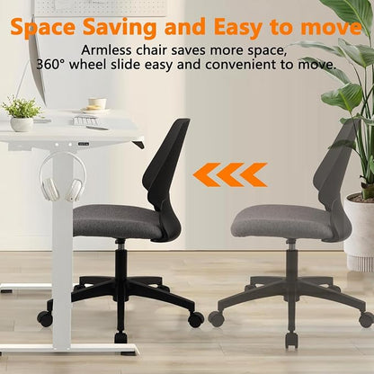 CLATINA Armless Adjustable Height Desk Chair with Wheels, Upholstered Swivel Computer Task Chair, Comfy Small Office Reading Chair for Home & Meeting Room, Black, 2 Pack