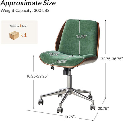 HULALA HOME Fabric Home Office Chair with Bent Wood Design & Rocking Tilt Function, Modern Swivel Desk Chair with Adjustable Height, Comfy Upholstered Armless Computer Task Chair, Forest