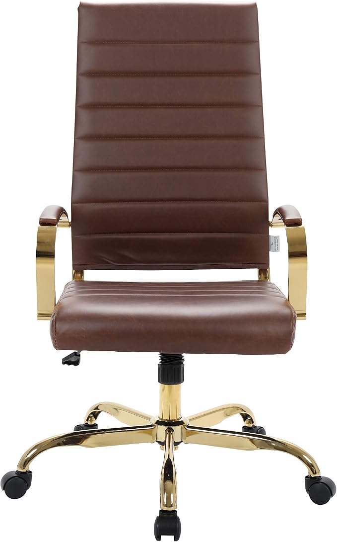 LeisureMod Modern High-Back Leather Office Chair - Swivel & Adjustable Executive Desk Chair with Gold Frame, Ergonomic Design for Home & Office (Brown, Set of 2)