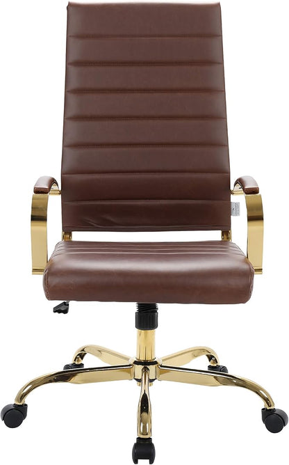LeisureMod Modern High-Back Leather Office Chair - Swivel & Adjustable Executive Desk Chair with Gold Frame, Ergonomic Design for Home & Office (Brown, Set of 8)