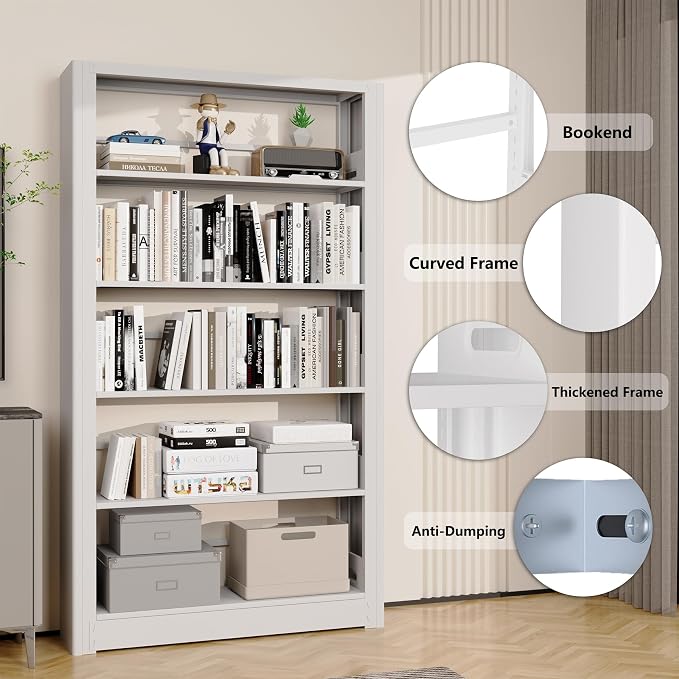 Heavy Duty 5-Shelf Metal Bookshelf, 69" Tall Industrial Bookcase with Adjustable Shelves, White Large Capacity Storage Rack for Garage, Warehouse, Home Office & Library