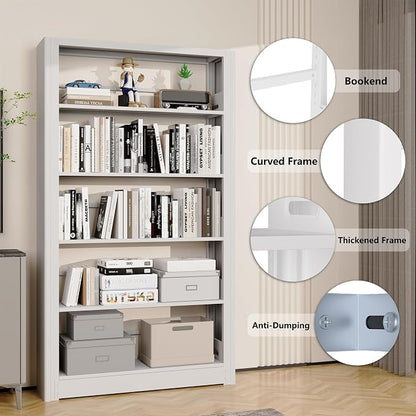 Heavy Duty 5-Shelf Metal Bookshelf, 69" Tall Industrial Bookcase with Adjustable Shelves, White Large Capacity Storage Rack for Garage, Warehouse, Home Office & Library