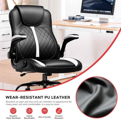 GTPLAYER Office Computer Gaming Chair Ergonomic Desk Chair for Adults with Lumbar Support Flip-Up Arms Adjustable Height Swivel Wheels PU Leather Executive Design for Short People Use, White