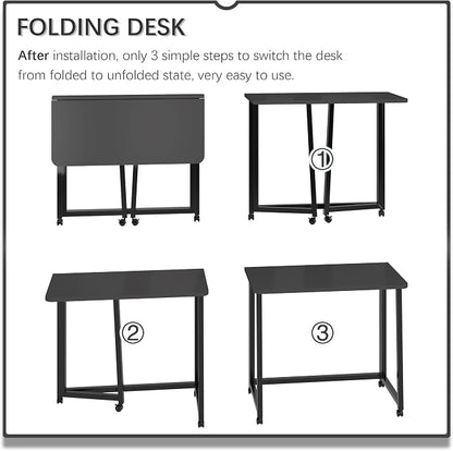 4NM 31.5" Mobile Small Folding Desk, Foldable Rolling Computer Home Office Desk, Study Writing Table for Small Space Saving Bedroom, with Wheels - All Black