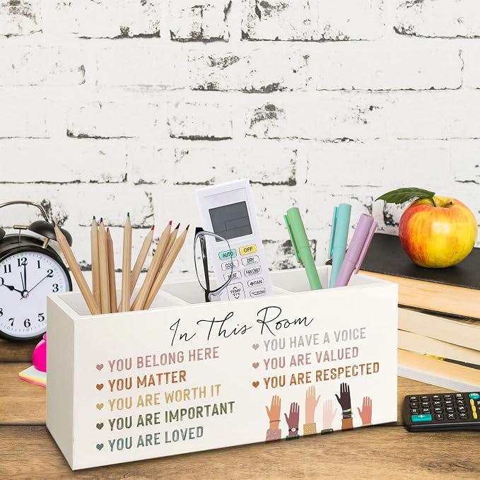 Inspirational Diversity Inclusive Wooden Pen Pencil Holder for Desk, Motivational Positive Affirmation Wood Makeup Brush Toothbrush Holder Organizer for Kids Room Playroom Classroom