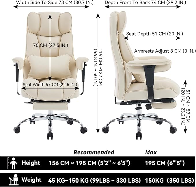 Efomao Executive Office Chair, Beige Fabric Big and Tall Desk Chair | Breathable fabric, pocket spring & foam seat, retractable footrest, 135° recline for computer gaming setup