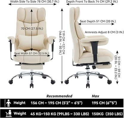 Efomao Executive Office Chair, Beige Fabric Big and Tall Desk Chair | Breathable fabric, pocket spring & foam seat, retractable footrest, 135° recline for computer gaming setup
