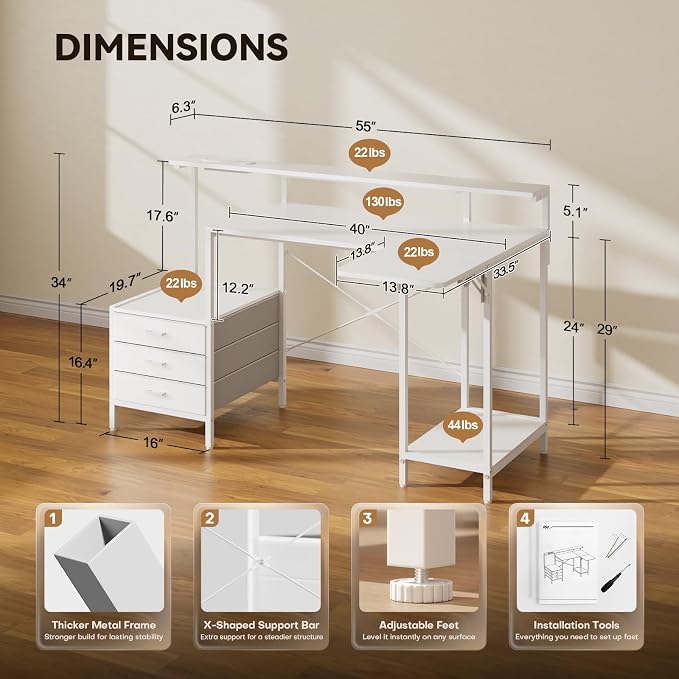 HLDIRECT 55 Inch Computer Desk for Home Office, Gaming Computer Desk with Printer Shelf, Storage Drawers, Power Outlets, Monitor Stand & LED Strip, Foldable L Shaped Gaming Table (White)