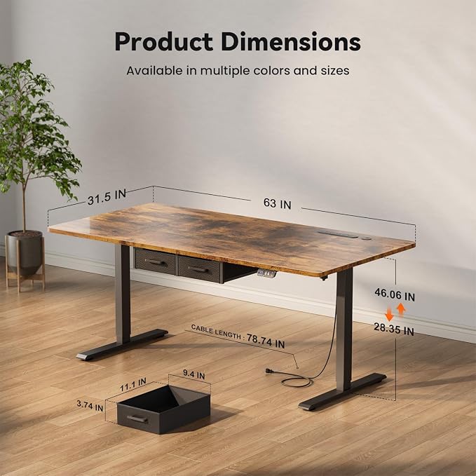 HLDIRECT Electric Standing Desk, 63 x 31.5 Inches Height Adjustable Table with Outlets, Sit Stand Computer Desk with Drawers for Home Office, Ergonomic Rising Workstation, Rustic Brown