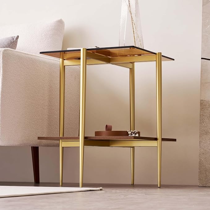 LumFurn Glass End Table, Mid-Century Modern Design Sofa Table, L18 x W18 x H23, for Living Room, 2-Tier Structure, Amber Glass Top and Walnut MDF Shelf, Sleek Conical Metal Legs with Gold Finish Frame