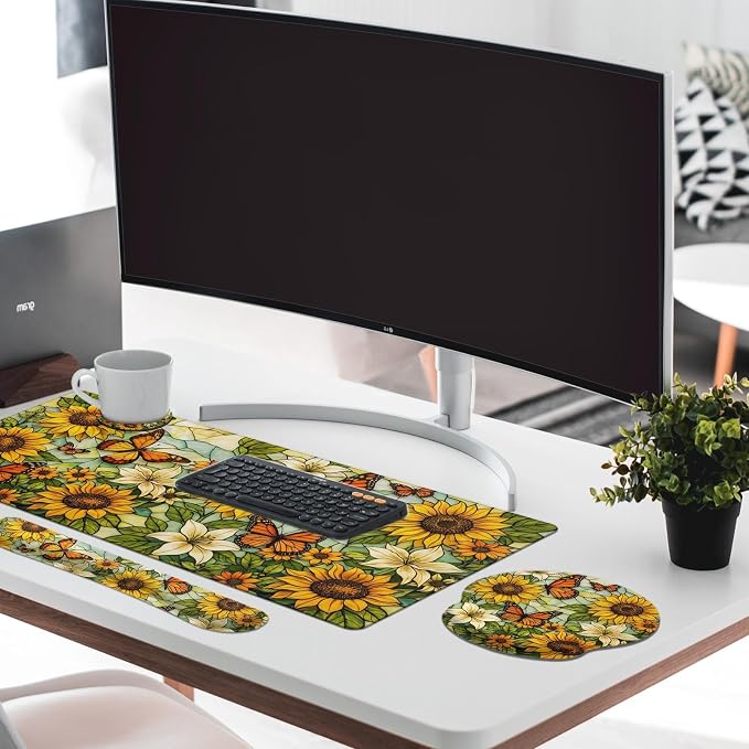 Britimes Yellow Sunflower Butterfly Keyboard Mouse Pad Set Floral Vintage 4in1 Large Mousepad+Keyboard Wrist Rest+Mouse Wrist Rest+Coaster Ergonomic Design for Home Office Computer 35.4x15.7 inches