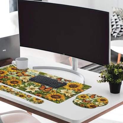 Britimes Yellow Sunflower Butterfly Keyboard Mouse Pad Set Floral Vintage 4in1 Large Mousepad+Keyboard Wrist Rest+Mouse Wrist Rest+Coaster Ergonomic Design for Home Office Computer 35.4x15.7 inches