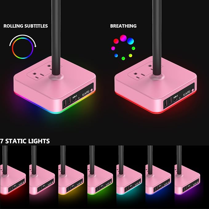 KAFRI RGB Headphone Stand with USB Charger Desk Gaming Headset Holder Hanger Rack with 3 USB Charging Port and 2 Outlet - Suitable for Gamer Desktop Table Game Earphone Accessories Girlfriend Gift