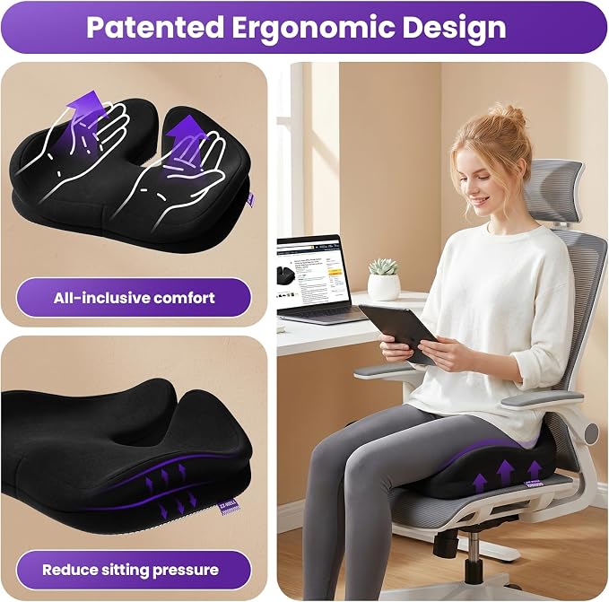 ZZ-WELL Seat Cushion for Office Chairs, Black, 21.2 Inches | Coccyx Cushion for Tailbone Pain, Memory Foam, Extra Large Thick, Patented Pressure Relief, Computer Gaming Chair