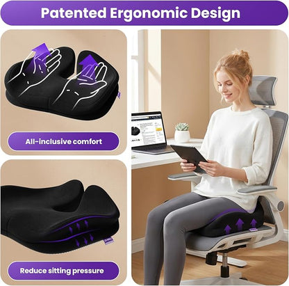ZZ-WELL Seat Cushion for Office Chairs, Black, 21.2 Inches | Coccyx Cushion for Tailbone Pain, Memory Foam, Extra Large Thick, Patented Pressure Relief, Computer Gaming Chair