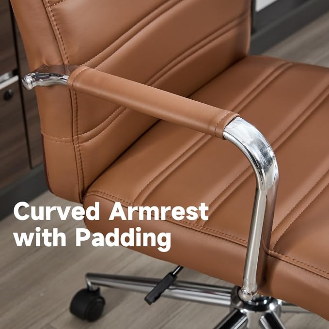 Office Desk Chair Leather, Conference Room Chairs with Wheels, Modern Executive Office Chairs Adjustable Height, Ergonomic Swivel Rolling Ribbed Computer Chair(Brown)