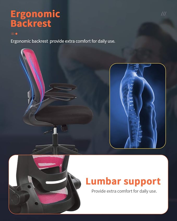 Home Office Chair Ergonomic Desk Chair Mesh Computer Chair with Lumbar Support Flip-up Arms Swivel Rolling Executive Task Chair Adjustable Chair for Adults(Pink)
