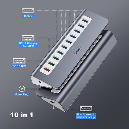 Powered USB Hub 10Gbps, 10 Port USB 3.2 Gen 2 Hub with 7 USB 3.2 Data Ports, 3 Fast Charging Ports, 36W Power Adapter, Type A and Type C Cable, Aluminum USB Hub for Laptop, Mac, PC