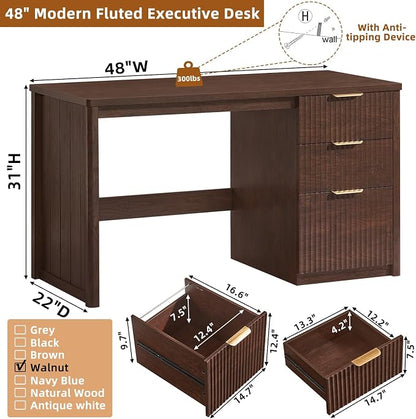 LEYAOYAO Office Desk 48" with 3 Drawers Storage File Cabinet Wood Fluted Desk for Computer Office Bedroom Home Furniture Walnut