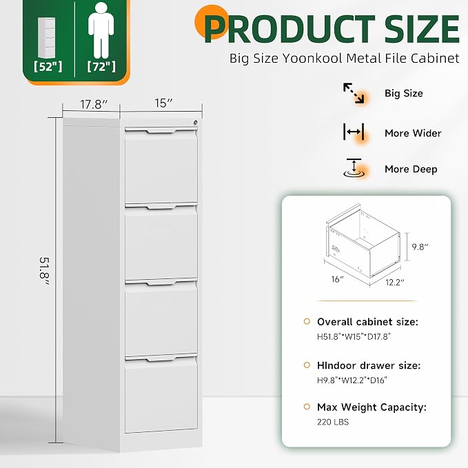4 Drawer File Cabinet with Lock, Filing Cabinets for Home Office | Tall File Cabinet, Lockable File Cabinet, Metal File Cabinet for Letter/Legal/A4/F4 Size, Assemble Required