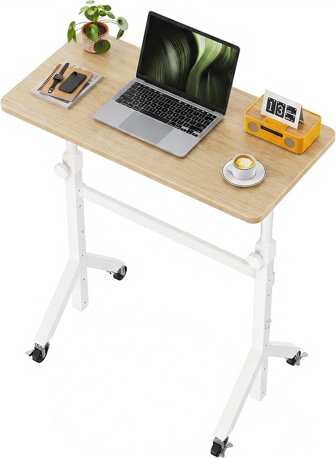 Marsail Mobile Stand Up Desk with Wheels, Adjustable Height Desk from 28.3″ to 46.5″, Rolling Standing Desk with Lockable Wheels, Portable Small Desk for Walking Pad and Treadmill, Nature