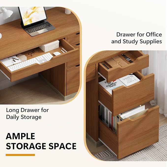 MaverickFurni 48 Inch Small Desk with 4 Drawers, Computer Desk with Storage File Drawer for Bedroom, Home Office Desk with Storage for Small Space, Brown