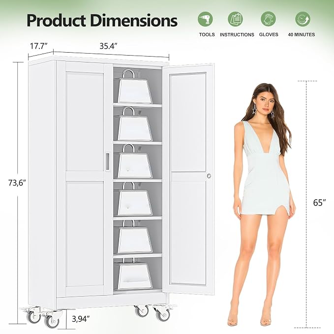 Metal Garage Storage Cabinets and storage system, 74”Tall Rolling utility cabinet with Wheels, Lock, 5 Adjustable Shelves, Heavy Duty Steel Tool Locker for Home Office, Utility Room, Gym,White