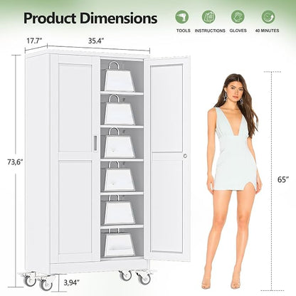 Metal Garage Storage Cabinets and storage system, 74”Tall Rolling utility cabinet with Wheels, Lock, 5 Adjustable Shelves, Heavy Duty Steel Tool Locker for Home Office, Utility Room, Gym,White