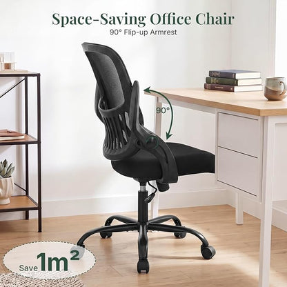 Home Office Desk Chair, Ergonomic Mid-Back Mesh Computer Task Chair with Comfortable Lumbar Support, Height Adjustable Swivel with Flip-up Armrest for Adults, Student, Black