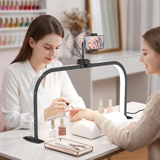LIONVISON Half Moon Light for Nail Desk: 29" Arch Light for Nail Tech Lamp with Phone Holder - 3 Color Modes & 10 Brightness - 40W Foldable LED Nail Desk Lamp for Manicure, Craft(Crystal Diamond)