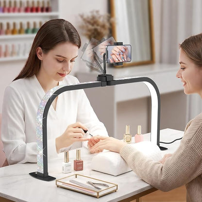 LIONVISON Half Moon Light for Nail Desk: 29" Arch Light for Nail Tech Lamp with Phone Holder - 3 Color Modes & 10 Brightness - 40W Foldable LED Nail Desk Lamp for Manicure, Craft(Crystal Diamond)