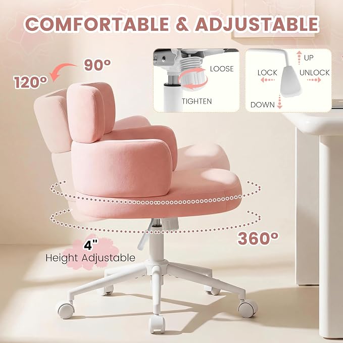 Home Office Chair, Pink Desk Chair with Unique Curved Back and Wide Seat, Swivel Tilt Height Adjustable Computer Chair with Wheels, Plush Velvet Fabric for Vanity, Metal Base