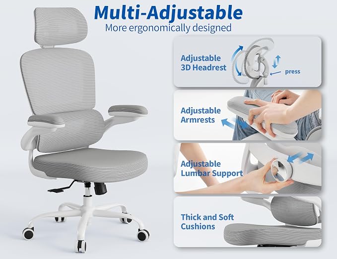 TRALT Ergonomic Office Chair - Desk Chair with Adjustable Headrest Lumbar Support Computer Chair - Mesh Comfy Chair with Flip-up Armrests - Gaming Chairs for Adults Home Office (Leather, Grey)
