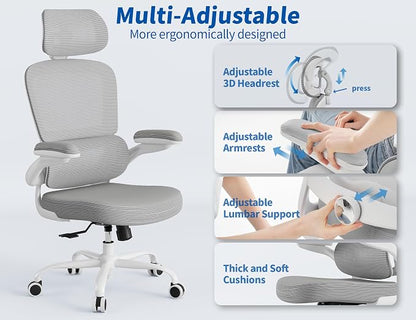 TRALT Ergonomic Office Chair - Desk Chair with Adjustable Headrest Lumbar Support Computer Chair - Mesh Comfy Chair with Flip-up Armrests - Gaming Chairs for Adults Home Office (Leather, Grey)
