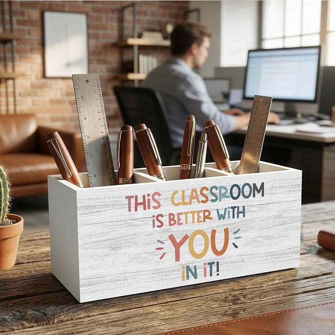 Boho Classroom Pencil Pen Holder for Desk Organizer, Inspirational Motivational Gifts, This Classroom Is Better with You in It Wooden Box Decorations for Kids Room Bedroom Desk Tabletop Decor