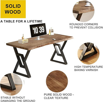 55 Inch Real Wood Desk for Home Office, Solid Pine Writing Desk with Natural Live Edge, Rustic Computer Desk with Industrial Metal Legs, Large Workstation Table for Study, Gaming and Dining