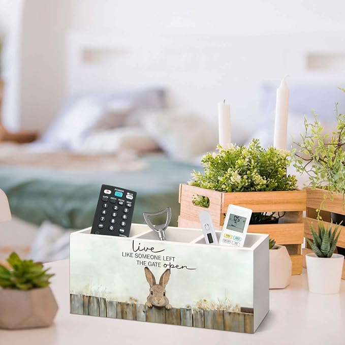Bunny Gifts Pen Holder for Desk, Rustic Easter Bunny Rabbit Pencil Organizer, Live Like Someone Left The Gate Open Cabin Animal Wooden Pen Holder Desk Accessories Decor for Home Office
