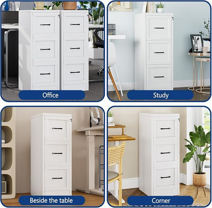 Ckzbx 3 Drawer File Cabinet with Lock, Narrow Vertical Filing Cabinet, Under Desk File Cabinets,White Metal File Cabinets for Home Office,Fit Letter/A4/Legal Size File
