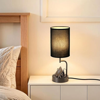 Dreamholder Table Lamp with 3 USB Charging Ports, Modern Desk Lamp with AC Outlet and Phone Stands, Perfect Bedside Lamp for Bedroom, Living Room, Office (Pack of 2), Black