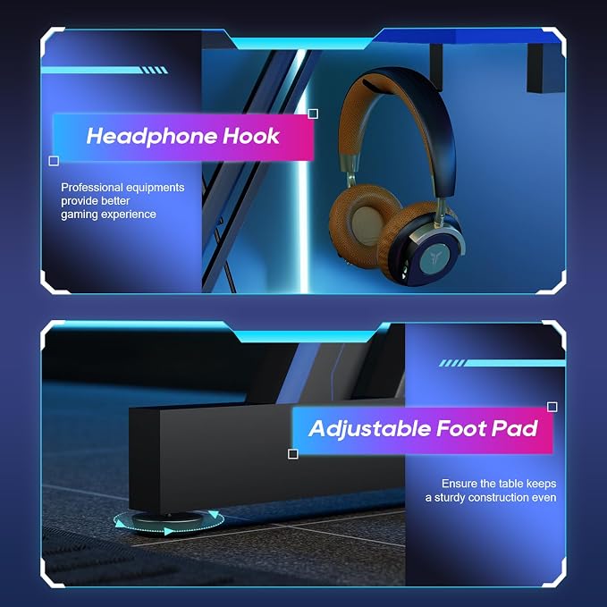 BestOffice 39" Gaming Desk Computer Gaming Desk Z Shaped Gaming Workstation Ergonomic Gaming Table with Headphone Hook for Game Players,Black&Blue
