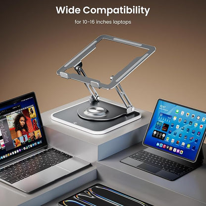 JOYEKY Adjustable Laptop Stand with RGB Lighting,Aluminum Ergonomic Computer Stand with 360° Rotating Base,Foldable & Portable Laptop Riser, Suitable for All 10-16” Laptops (Grey)