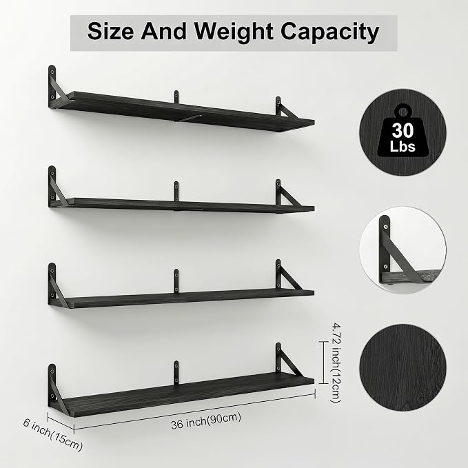 Long Wall Shelf,Large Floating Shelves for Wall,Wood Floating Bookshelves Hanging,Book Storage Display for Living Room Bedroom Office Bathroom Decor,4 Pack,36 Inch,Rustic Black