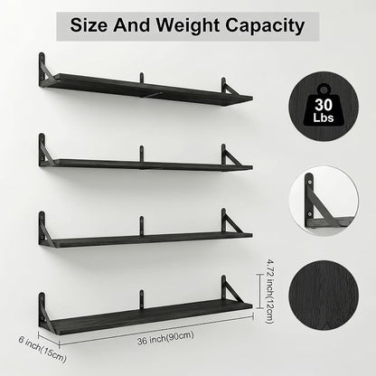 Long Wall Shelf,Large Floating Shelves for Wall,Wood Floating Bookshelves Hanging,Book Storage Display for Living Room Bedroom Office Bathroom Decor,4 Pack,36 Inch,Rustic Black