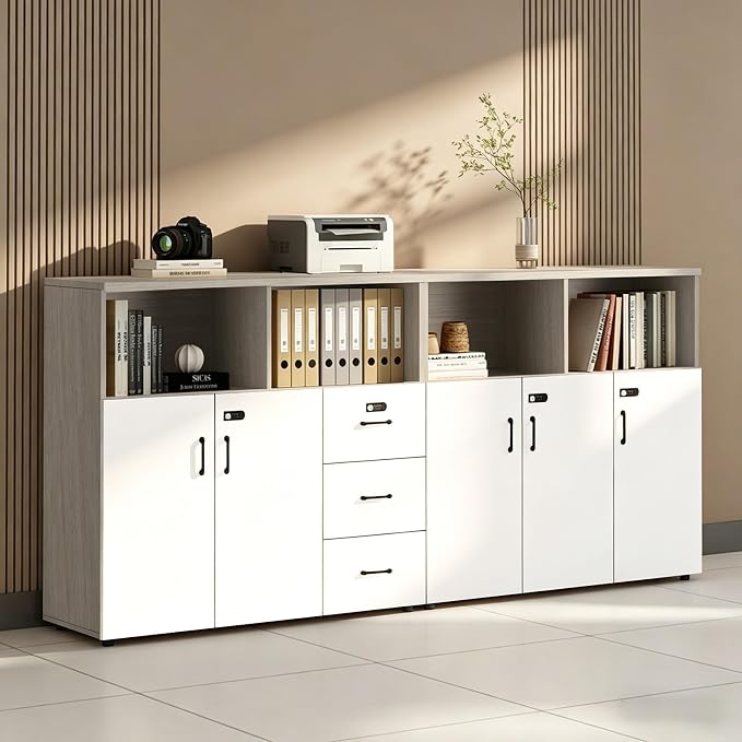 File Cabinet with Password Lock, Wood Lateral Filing Cabinet for Letter/A4 Files, 3 Drawer with Door, Printer Stand with Open Shelves for Home Office