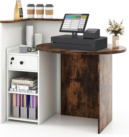 Giantex Reception Desk, Front Counter Desk with Lockable Drawer, Checkout Table with Round Tabletop, Corner Shelf & Adjustable Shelf for Office Beauty Salon Retail Store (White & Brown)