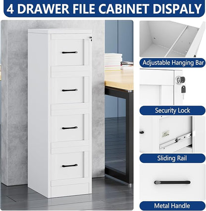 Ckzbx 4 Drawer File Cabinet with Lock, Narrow Vertical Filing Cabinet, Under Desk File Cabinets,White Metal File Cabinets for Home Office,Fit Letter/A4/Legal Size File