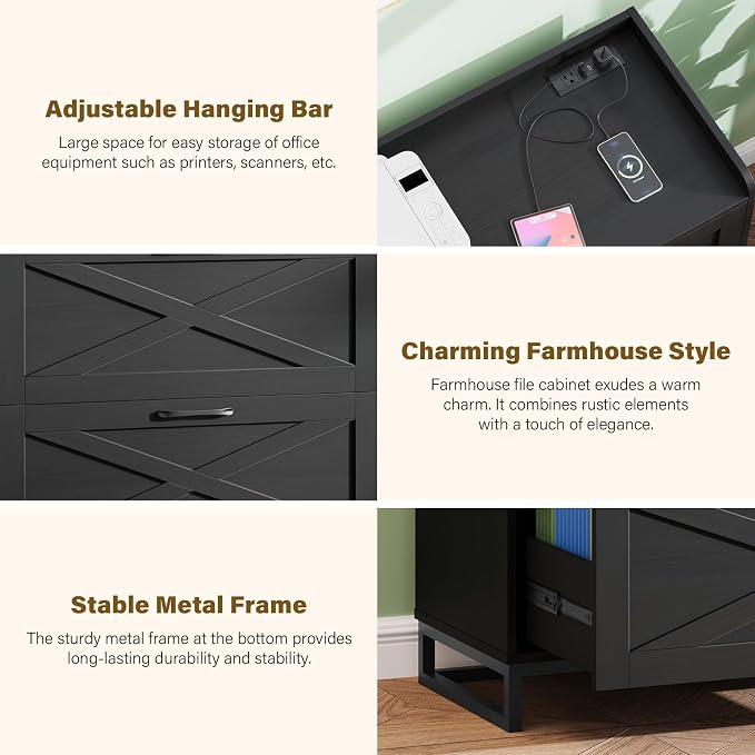 Vabches File Cabinet 3 Drawers Lateral File Cabinet with Charging Station for Letter/Legal/A4 Size Hanging Files, Large Wood File Storage Cabinets Printer Stand for Home Office, Simple Black