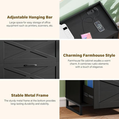 Vabches File Cabinet 3 Drawers Lateral File Cabinet with Charging Station for Letter/Legal/A4 Size Hanging Files, Large Wood File Storage Cabinets Printer Stand for Home Office, Simple Black